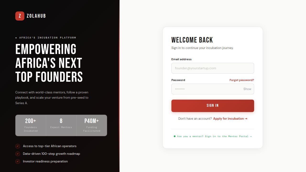 The ZolaHub sign-in screen, with the platform's headline for African founders beside the member login form